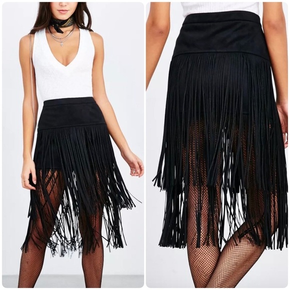 Design Lab Lord & Taylor Black Faux Suede Fairy Fringe Skirt XS Boho Whimsigoth - Picture 4 of 11